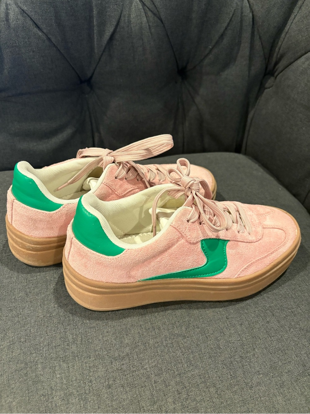 TOP Moda Women’s Pink Suede Lace-Up Sneakers with Green Accent Size 8
